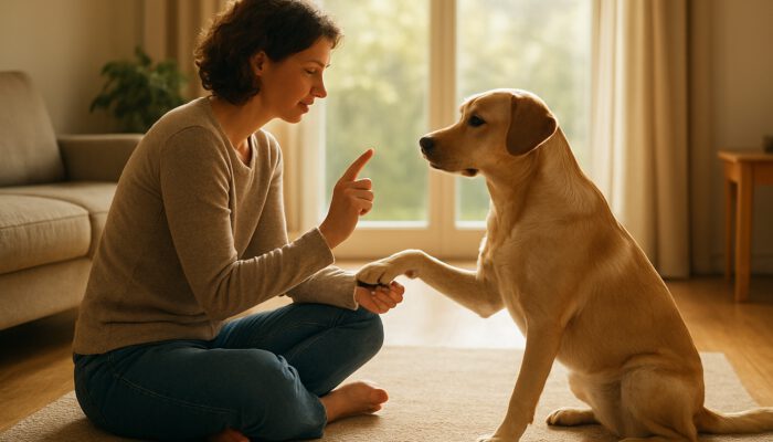 A patient owner gently training a calm dog in a sunlit room, building emotional bonds.