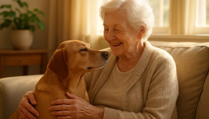 Elderly woman petting her dog in a sunlit living room, sharing a joyful gaze of companionship.