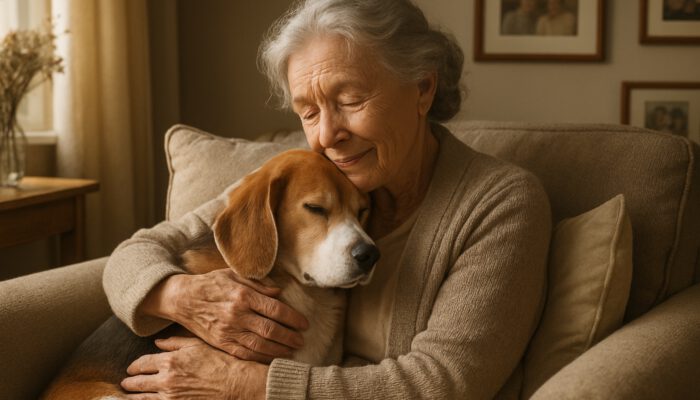 Elderly woman hugging her dog in a sunlit armchair, surrounded by pillows and family photos.