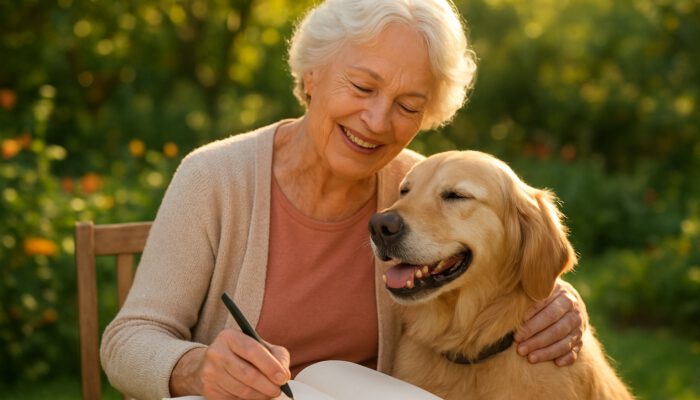 Elderly woman joyfully pets dog in sunlit garden, noting mood changes in journal with content smile.