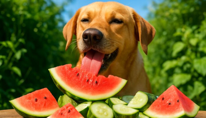 Cheerful dog munching watermelon and cucumber in sunny summer garden.