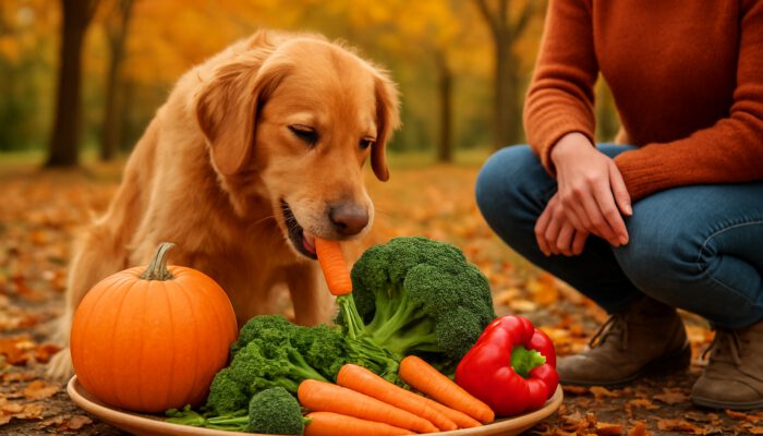 Cheerful dog eating fresh seasonal vegetables in autumn park with owner.
