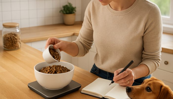 Pet owner measuring dog food with cups and scale in sunny kitchen, while dog watches eagerly.