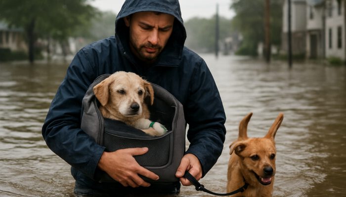 Owner carries frail senior dog in carrier with medications, leads energetic puppy on leash through flooded streets.