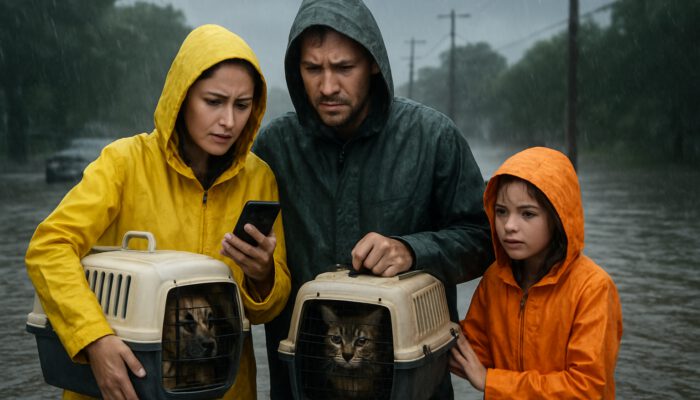 Family in rain gear evacuates flooded street with pets, checking smartphone for shelters under stormy sky.