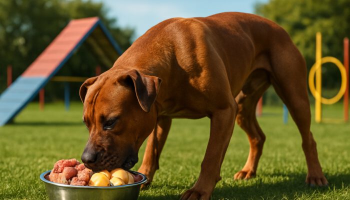 Muscular dog eating high-protein food with lean meats and eggs near agility obstacles outdoors.