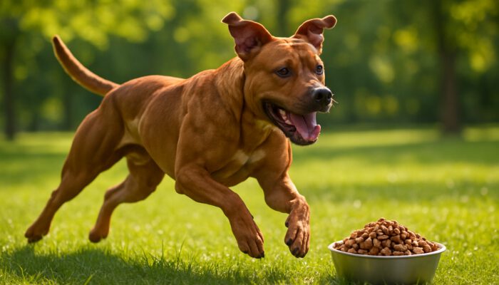 Muscular dog sprinting in sunny park with high-protein kibble bowl nearby.