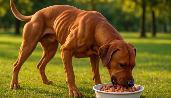 Muscular dog devouring high-protein meal in sunlit park after exercise.