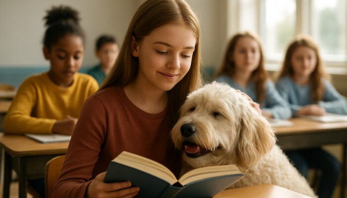 Student pets fluffy therapy dog while reading aloud in sunlit classroom, surrounded by calm classmates.
