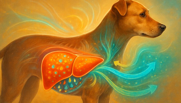 Vibrant anatomical illustration of healthy dog's glowing liver processing nutrients and boosting immunity.