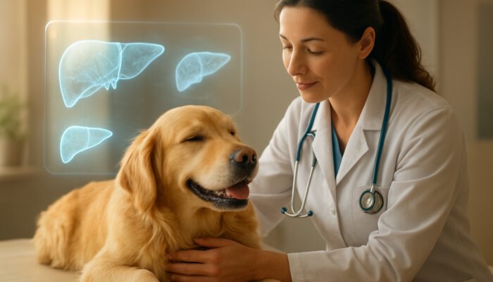 Vet examining relaxed golden retriever with holographic liver scans in sunlit clinic illustration