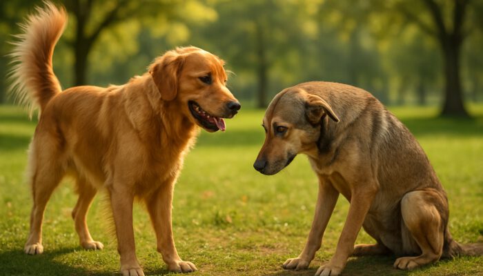 Two dogs greeting in sunny park, one wagging tail in joy and other showing submission with ears back