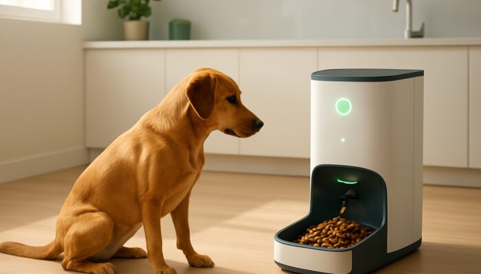 Sleek smart pet feeder with glowing sensors dispenses kibble to dog in minimalist kitchen.