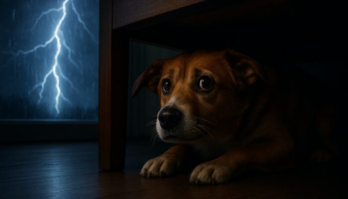 Terrified dog trembling and hiding under furniture during thunderstorm with lightning.