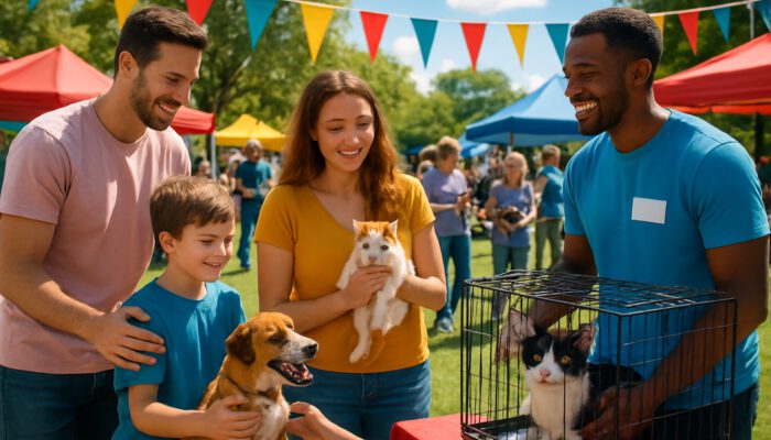 Joyful families with adoptable dogs and cats at sunny pet rescue fundraiser fair with banners.