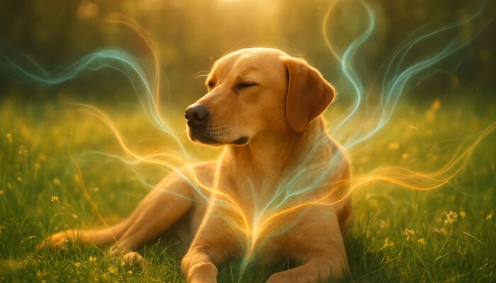 Serene dog resting in sunlit meadow with ethereal energy flows for holistic healing