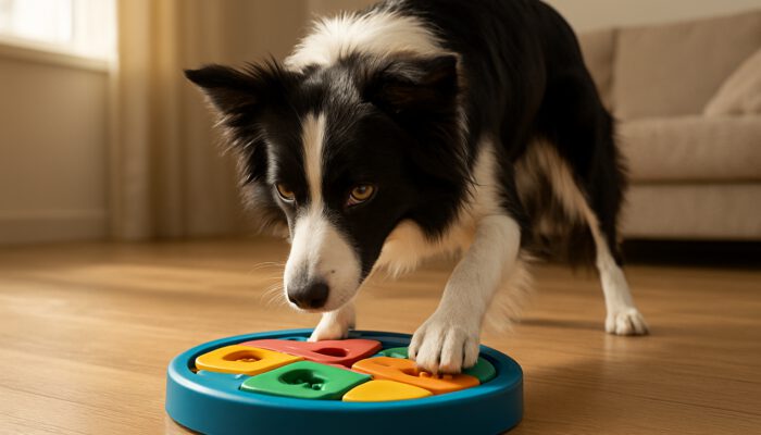Border collie focused on colorful puzzle toy in sunlit living room, showing intelligence and energy.