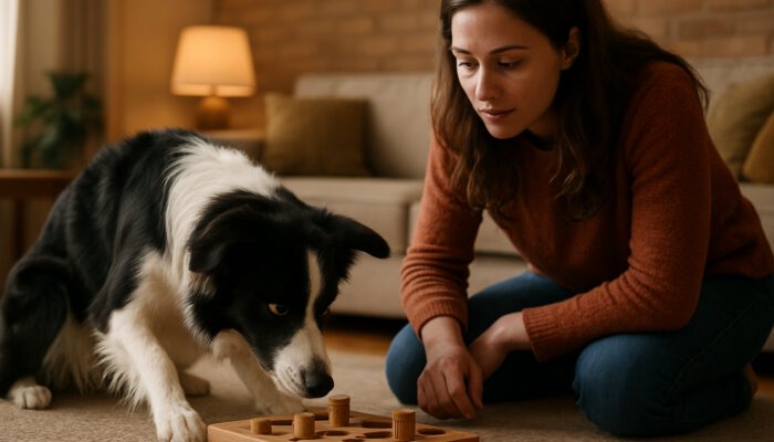 Border collie solving wooden puzzle toy while owner kneels nearby observing in cozy room