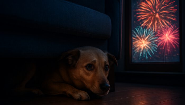 Scared dog trembling under couch with pinned ears during colorful nighttime fireworks