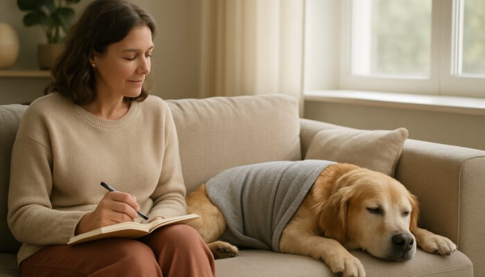 Relaxed dog wearing calming wrap on couch as owner notes reactions in journal