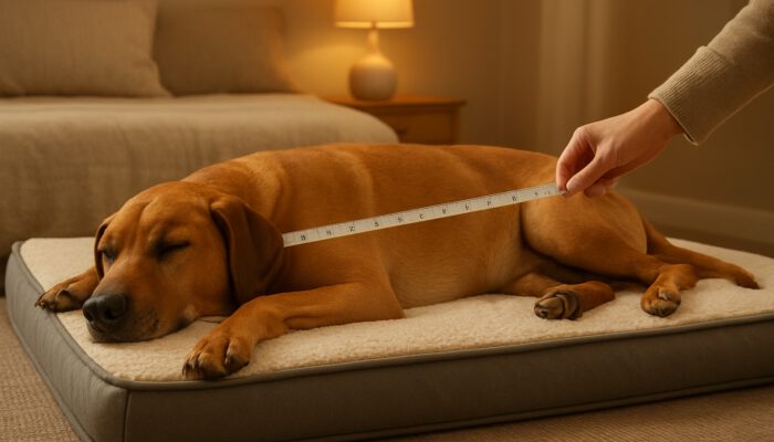 Owner measuring large dog nose to tail on orthopedic bed in cozy bedroom