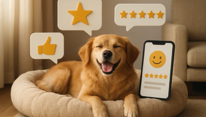 Happy dog lounging on plush pet bed with floating reviews, star ratings, and smartphone feedback.