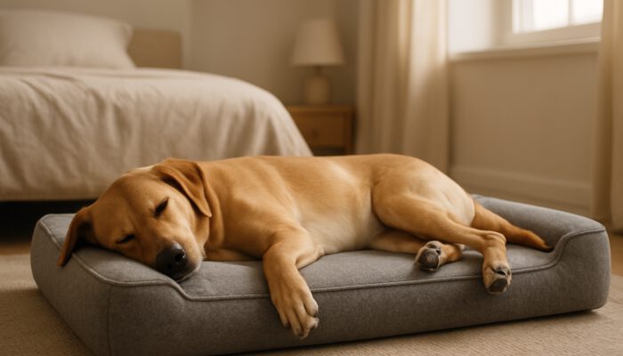 Serene dog resting on supportive high-density foam pet bed in cozy bedroom.