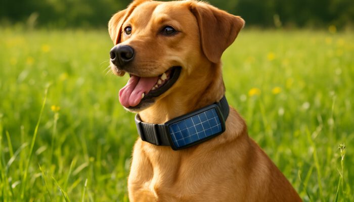 Happy dog in meadow wearing sleek solar-powered collar with glowing photovoltaic cells