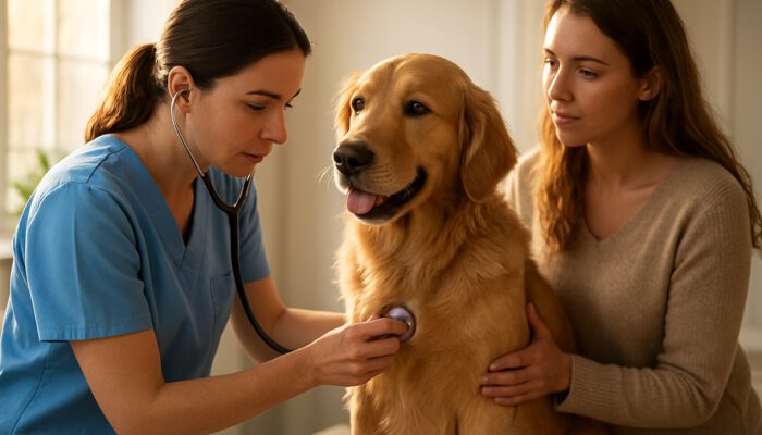 Vet using stethoscope to monitor golden retriever's heart in sunlit clinic with owner watching