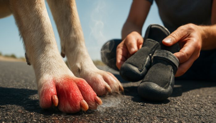 Dog's paw recoiling from hot asphalt, reddened pads steaming, owner holding protective booties nearby.