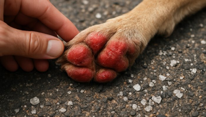 Close-up of red irritated dog paw pads inspected on hot pavement with salt and gravel