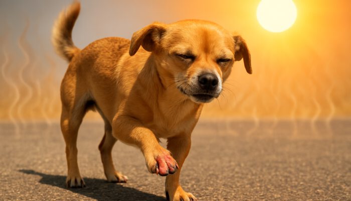 Small dog limping on hot pavement, lifting pained paw with squinted eyes