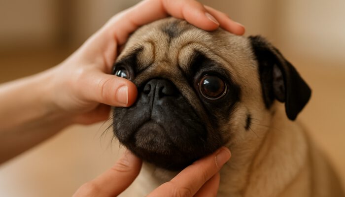 Owner gently examining pug's bulging eyes for redness and tears in soft home lighting