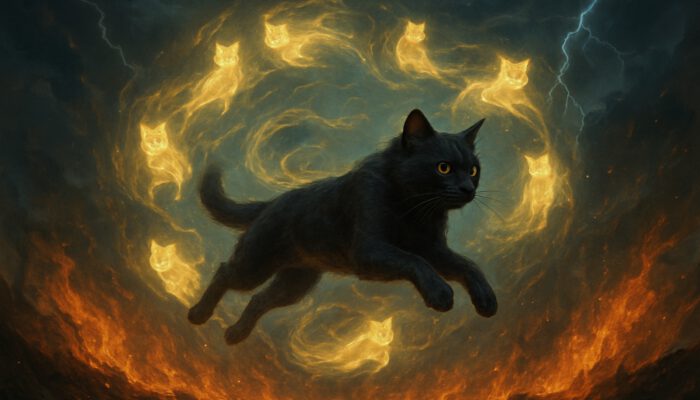 Mystical cat with nine glowing lives leaping through flames and storms in folklore style.