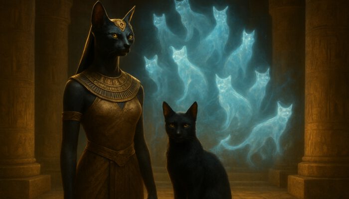 Bastet beside sleek cat with nine glowing spirit forms in ancient golden temple