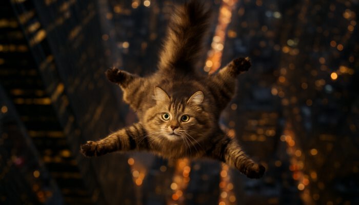 Fluffy tabby cat spreads body like parachute falling from New York skyscraper at night