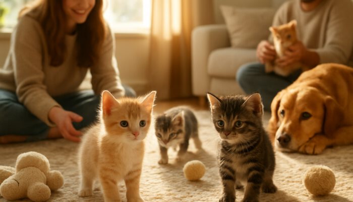 Cute kittens exploring sunlit cozy room filled with toys, textures, people and pets.