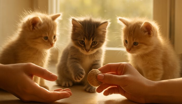Fluffy kittens playing with hands and toys on a sunny windowsill during socialization.