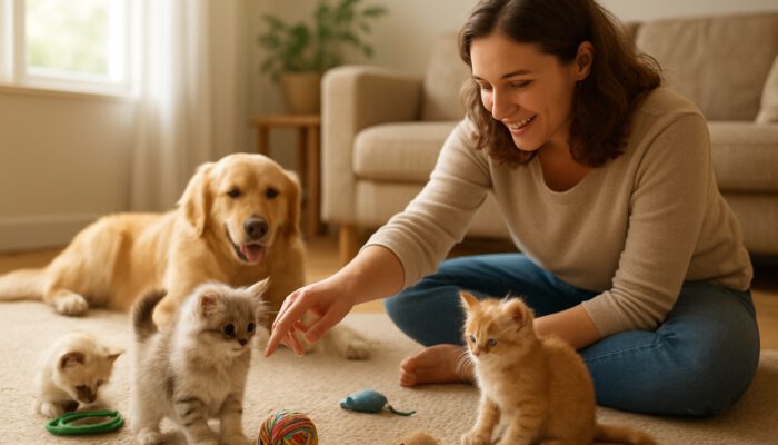 Owner gently plays with curious kittens amid toys in sunlit room for socialization