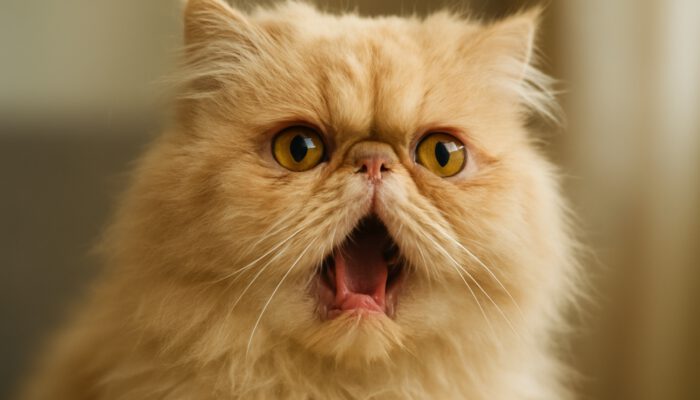 Close-up of fluffy Persian cat with flat face struggling to breathe, mouth agape and eyes wide.