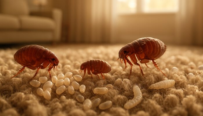 Close-up of fleas laying eggs in carpet fibers, showing hidden larvae and indoor infestation