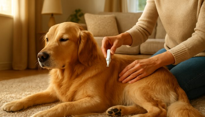 Owner applying topical flea treatment to relaxed golden retriever on sunlit rug
