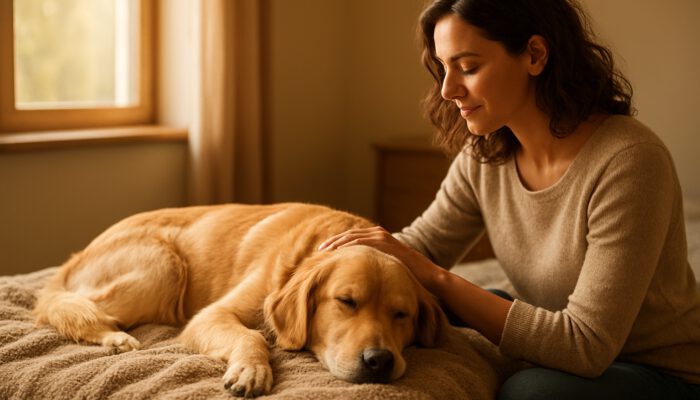 Owner observing relaxed dog resting on blanket in sunlit room before massage