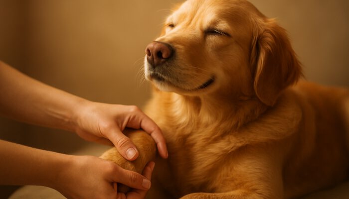 Gentle hands massaging a relaxed dog's leg in warm light for joint comfort.