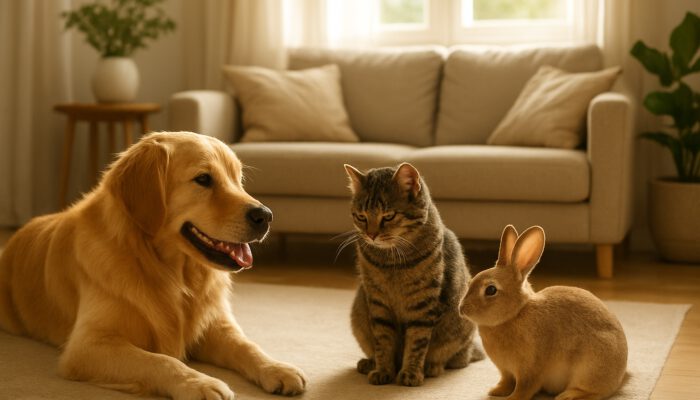 Sunlit living room with playful golden retriever, shy tabby cat, and curious rabbit in harmony.