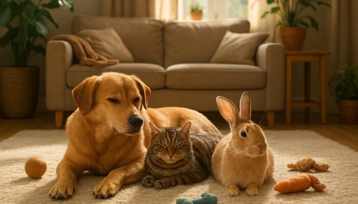 Dog, cat, and rabbit lounging peacefully together in a sunlit multi-pet living room.