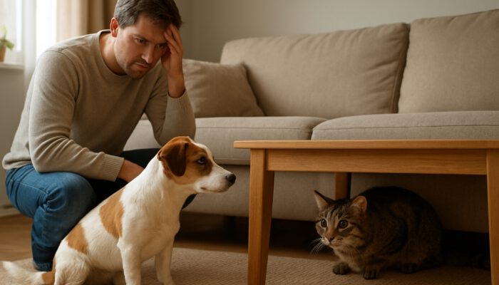 Worried owner watches timid cat hide from curious dog during pet introduction in living room