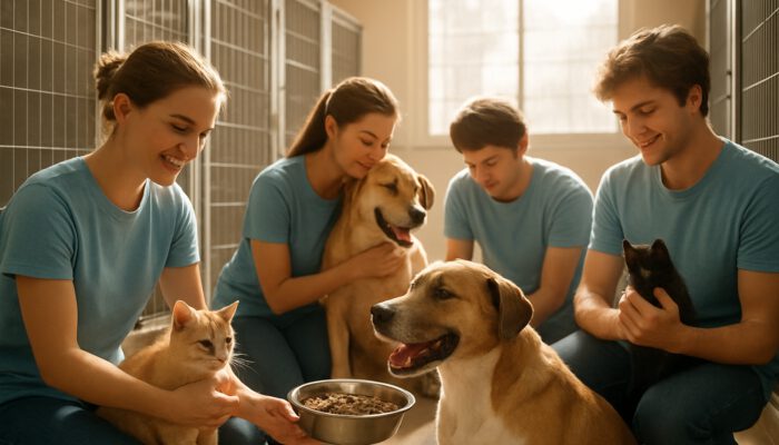 Volunteers feeding and cuddling rescued dogs and cats in a sunny animal shelter