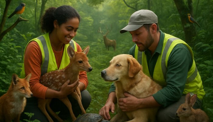 Rescuers nurturing diverse animals in lush biodiverse forest ecosystem