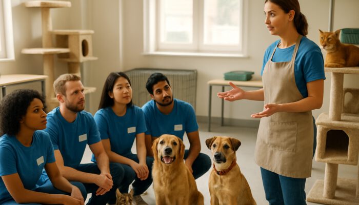 Diverse volunteers learning animal care from trainer in bright rescue shelter with dogs and cats